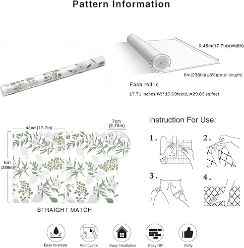Miniatura 6 de Papel tapiz floral para despegar y pegar, papel de contacto de hojas verdes, 17.71 x 236 pulgadas, vintage, plantas, acuarela, autoadhesivo,