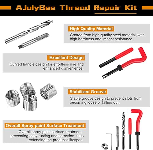 Miniatura 6 de AJulyBee Kit de reparación de roscas helicoidales, 261 piezas Kit de reparación de roscas HSS, kit de reenhebrado con medidor de rosca, métrico y