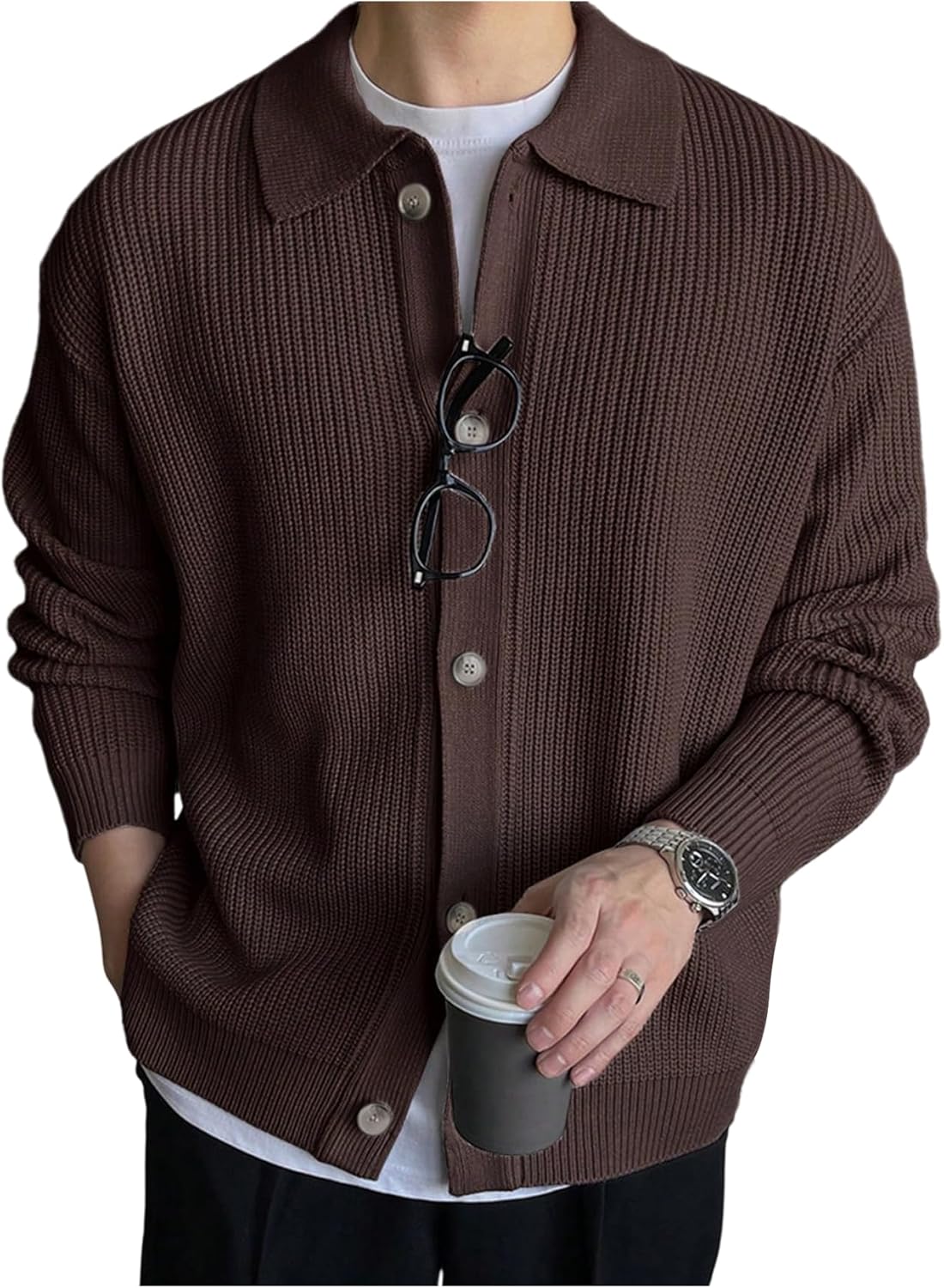 GORGLITTER Men's Lightweight Cardigan Oversized Button Down Collar Neck Knit Sweaters Casual Workout Tops