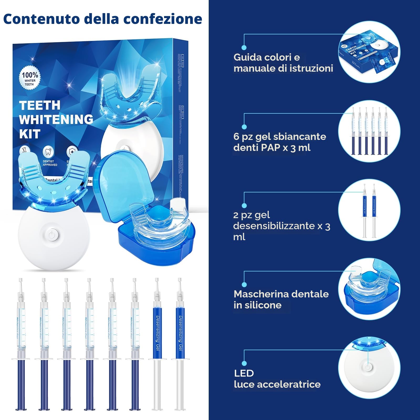 Kit Sbiancante Denti Professionale - Sbiancamento Denti LED 6 Gel + 2 Gel Desensibilizzanti, Rimuove Macchie Profonde