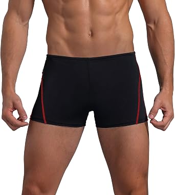 Easyglide Square Leg Suit Mens Comfortable Swimsuit for Polyester Fabric Shape Retention,Quick Drying Black&Red, 36