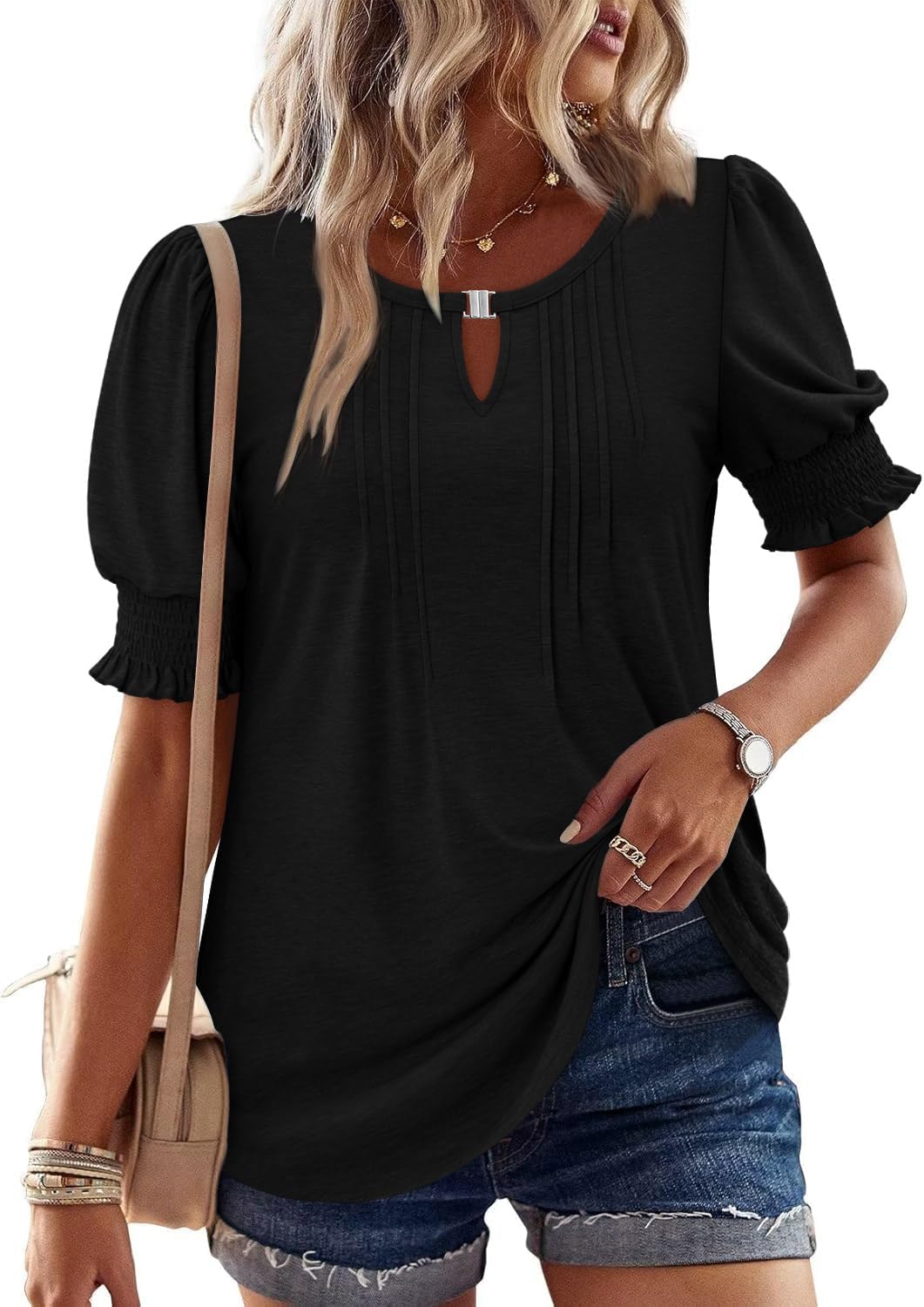 CRAZY GRID Women's Dressy Casual Top Puff Sleeve Summer Shirt Loose Trendy Pleated Blouse - Image 3