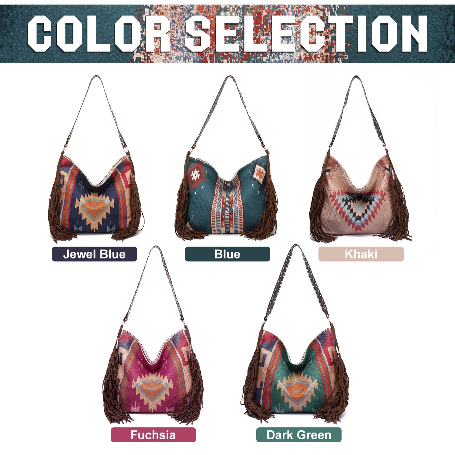 Emprier Bolsos de lona vintage para mujer, con borlas, de gran capacidad, bolso de hombro étnico de viaje, Azul