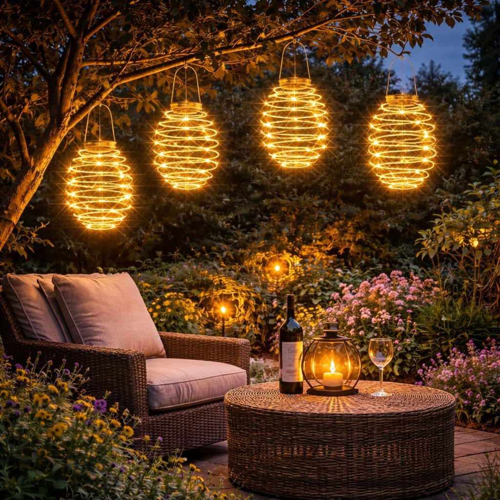 Festive Lights Suspensions Spirales Lumineuses Solaires Effet Lanterne Éclairage 64 LED (Lot de 4) pour la Décoration Extérieure du Jardin - 19cm