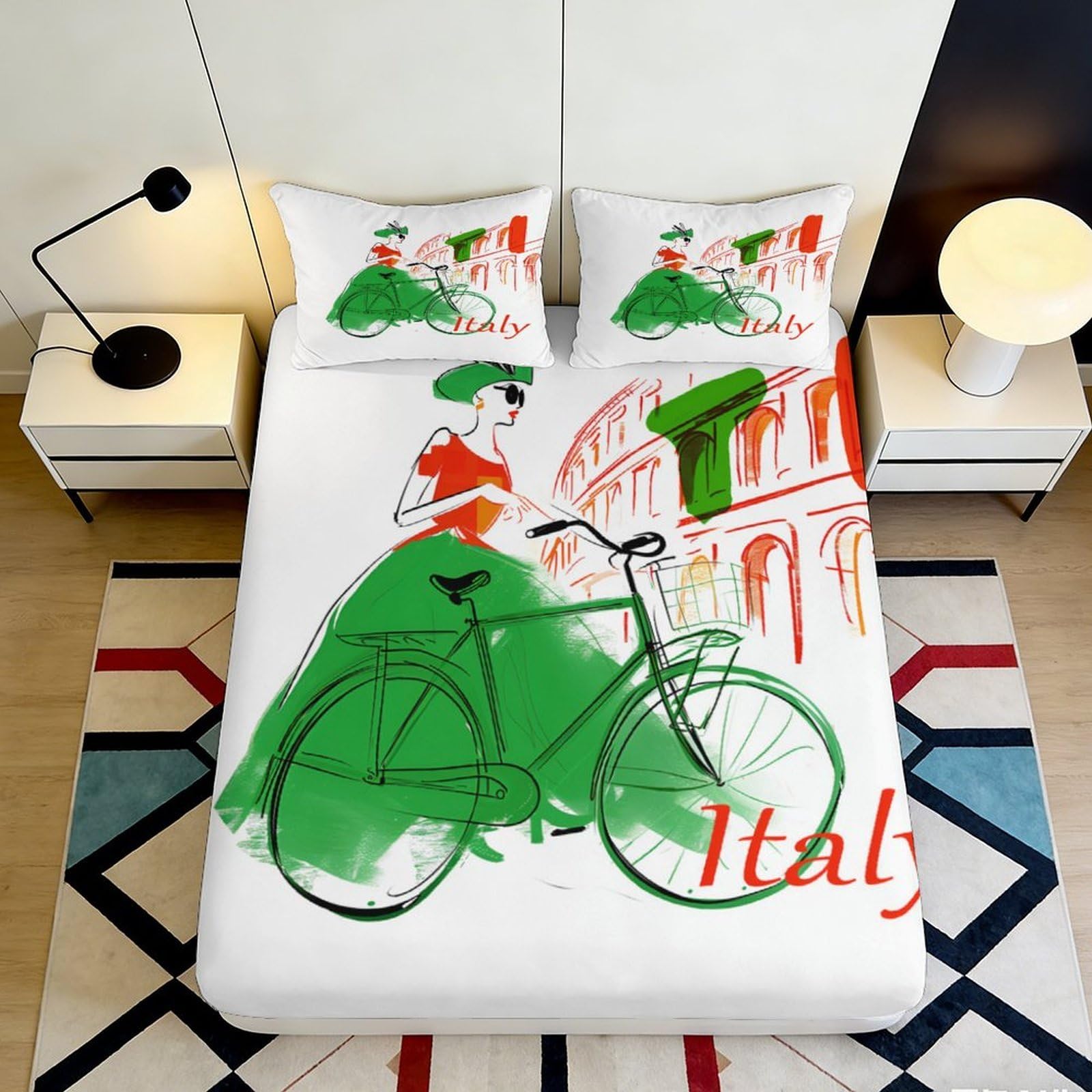 3D Printed Italian Bicycle Fitted Sheet Microfiber Soft Roman Landmark Bed Cover for Bedroom Dorm Decor 90x200x25cm