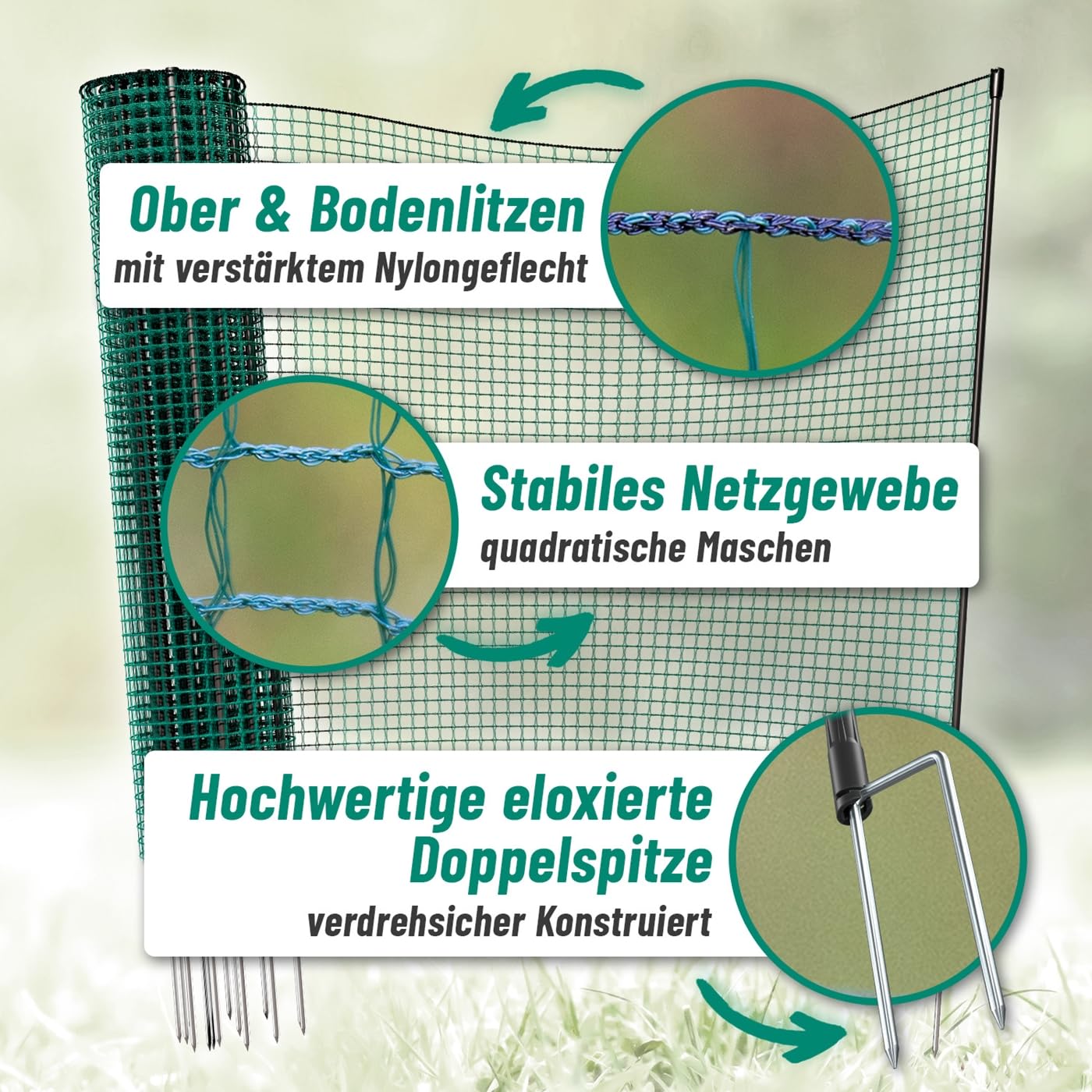 VOSS.farming Begrenzungszaun Classic ohne Strom, 25m, 120cm, 15 Pfähle, 2 Spitzen, grün, Kleintiernetz, mobiler Zaun, Gartenzaun, für Garten, Haus, Hof
