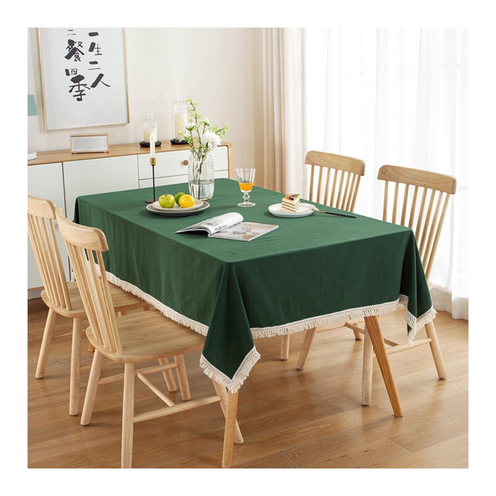 Nappe verte coton 130x180 nappe de table anti tache avec décoration glands