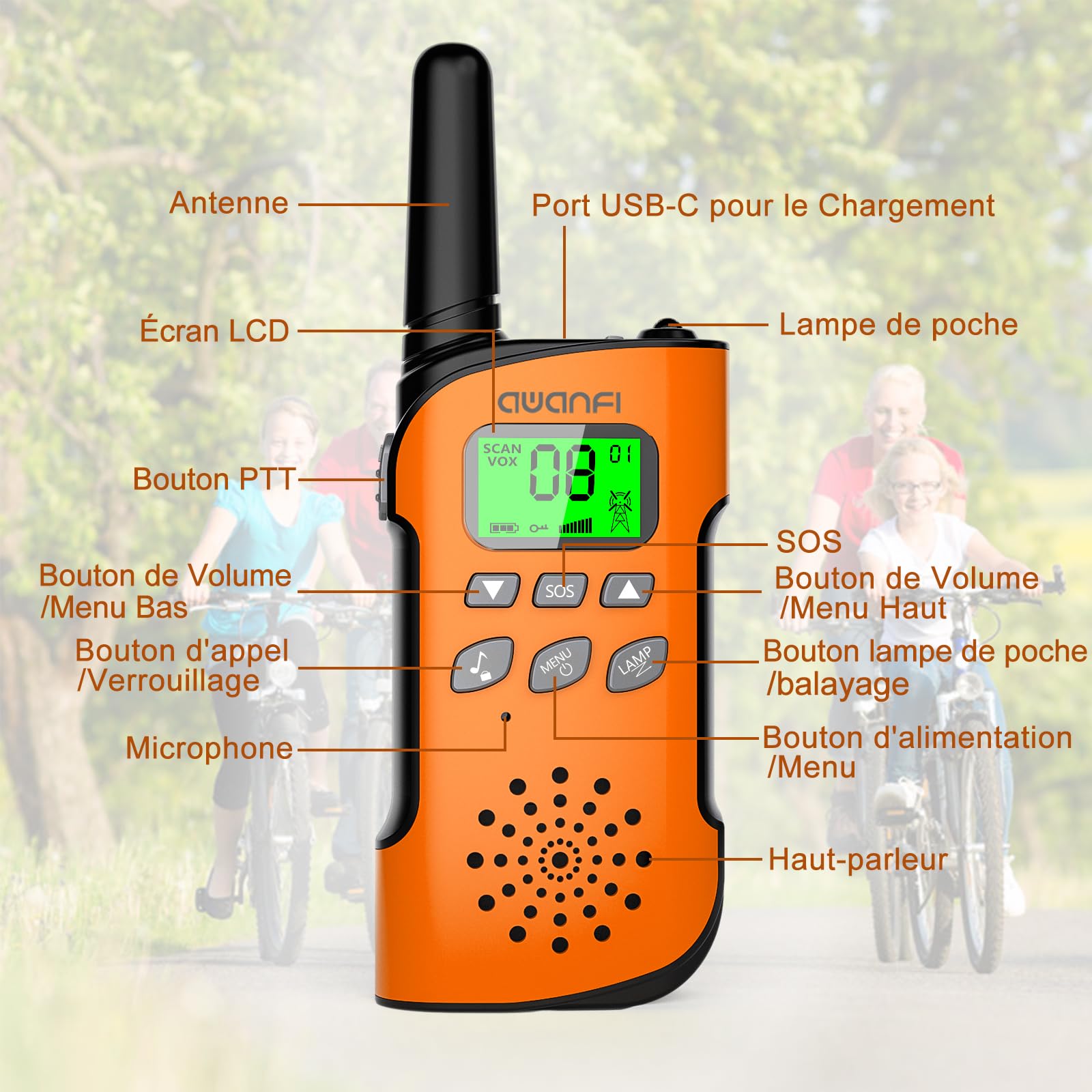 Talkie Walkie Enfants Adultes Rechargeable 3 Pièces, Talkie-Walkie Longue Portée Lampe Torche 8 Canaux, Walkie Talkie USB Type C pour Camping, Randonneé, Vélo, Cadeau Jouet pour Fille et Garçon
