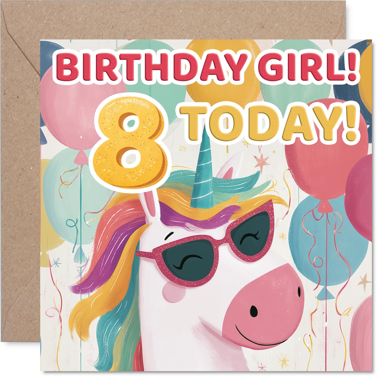 Playful 8th Birthday Card - Unicorn with Sunglasses & Colourful Balloons - Sparkling Fun for the Birthday Girl - Bursting with Festive Cheer - 145mm Square, Envelope Included