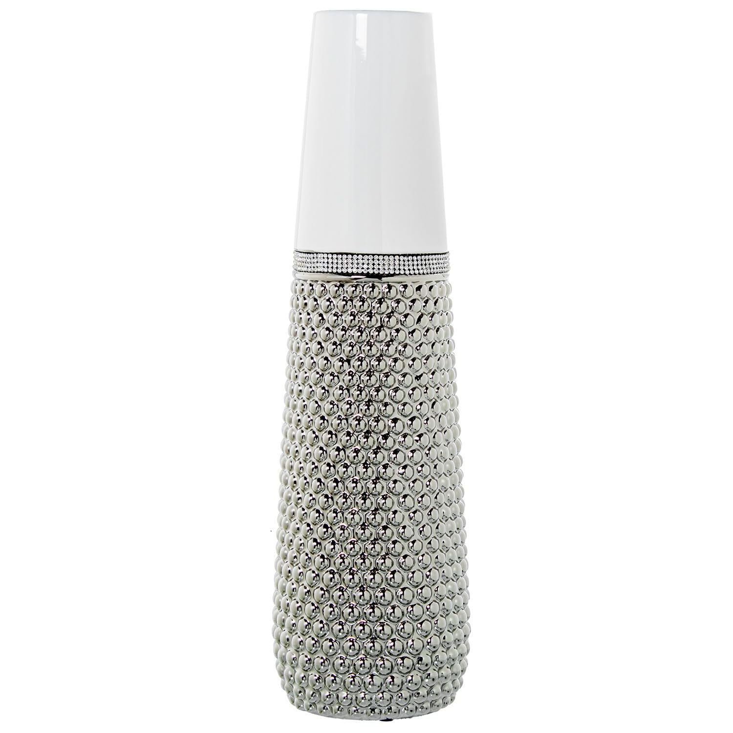 DRW Jarron de Suelo de Ceramica Blanco y Plateado con Brillantes 14x14x50cm