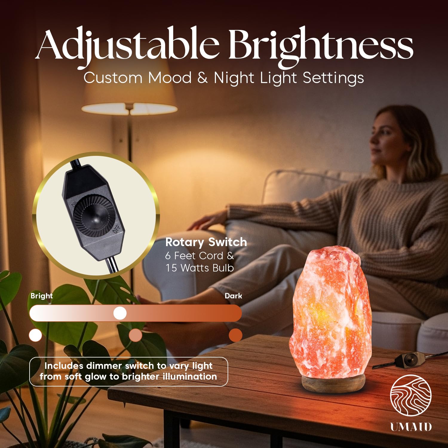 UMAID Naturalna lampa solna himalajska - różowa lampa solna o zmiennej intensywności do biurka, stolik kawowy - dostarczany z żarówką 15 W, naturalna lampa solna 8-10 cali