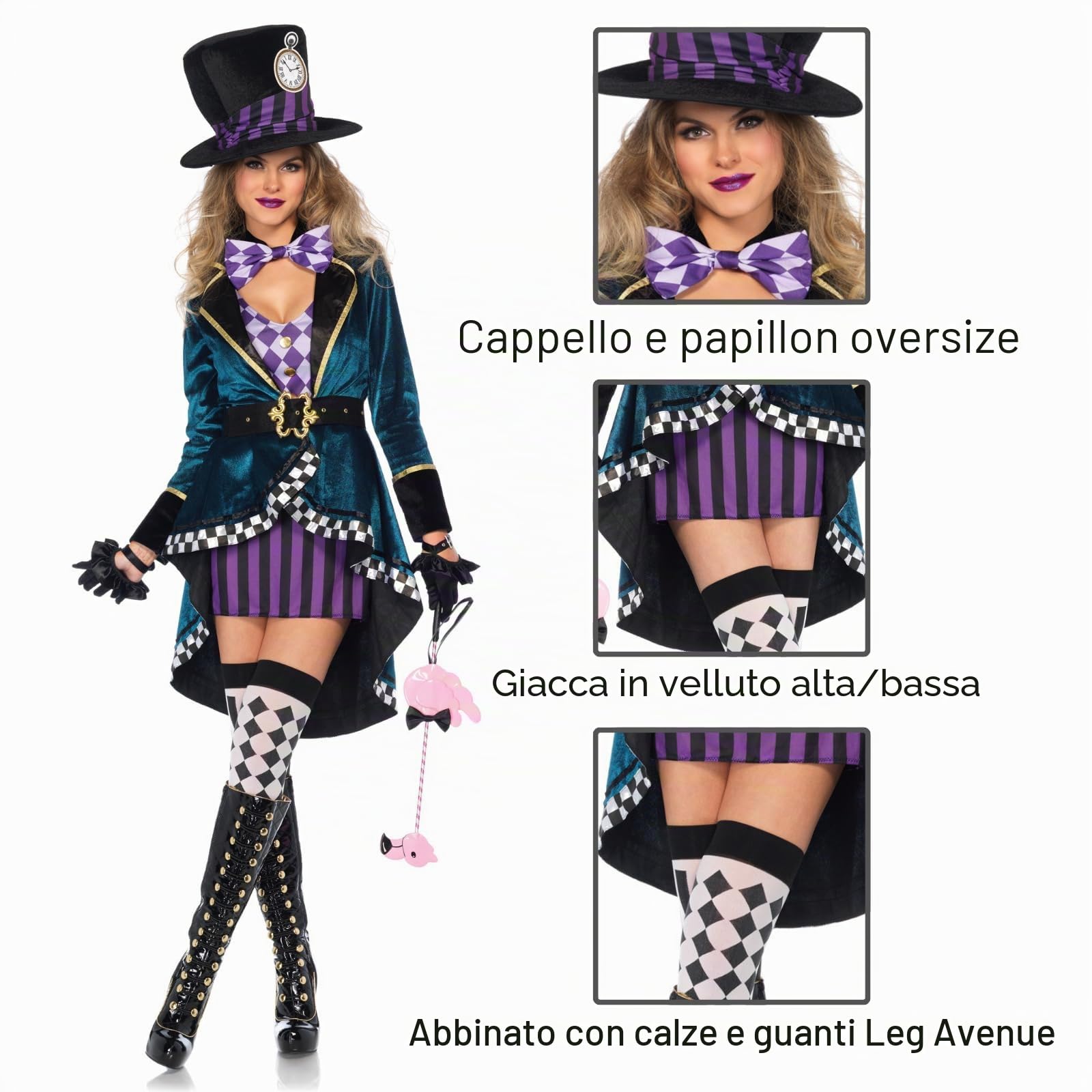 Leg Avenue- 5 Pc Delightful Mad Hatter Costume with Tank Dress, Velvet Jacket, Belt, Bow Tie, Hat, Multicolore, Größe: S (EUR 36), 85592-10101-S-Mltclr-Mltclr-S