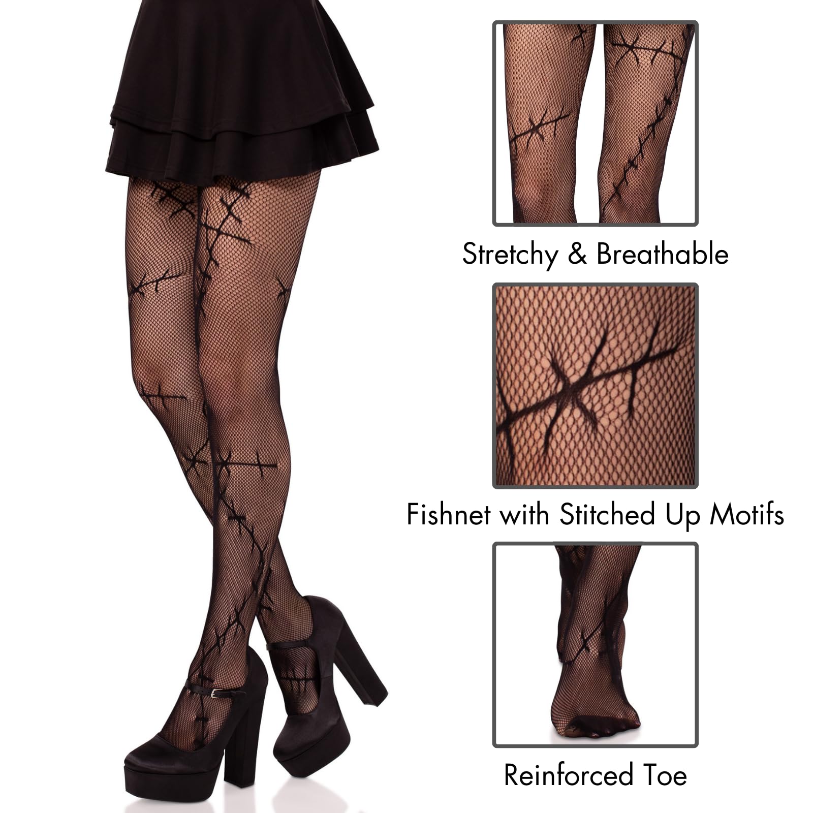 Leg Avenue Women’s Stitched Up Halloween Tights Goth Fishnets Alt Clothes Black Patterned Tights for Women, Black, One Size