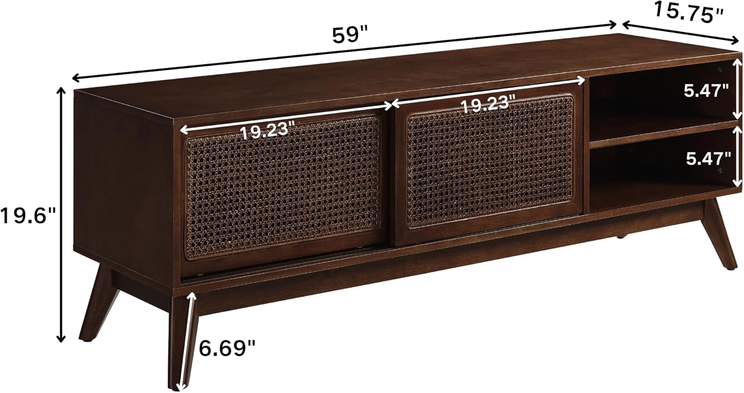 LKTART Boho Mid Century TV Stand,59" Rattan Entertainment Center,Media Console with Solid Wood Legs,Adjustable Feet & Divided Storage,TV Cabinet for 65 Inch TV,Dark Walnut