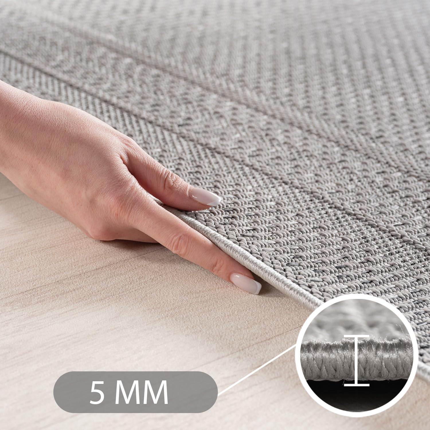 SIMPEX Tappeto da Esterno Grigio 160x230 cm, Resistente agli Agenti Atmosferici & UV, Cucina, Balcone, Terrazza, Soggiorno e Sala da Pranzo, Design a tinta unita con bordo