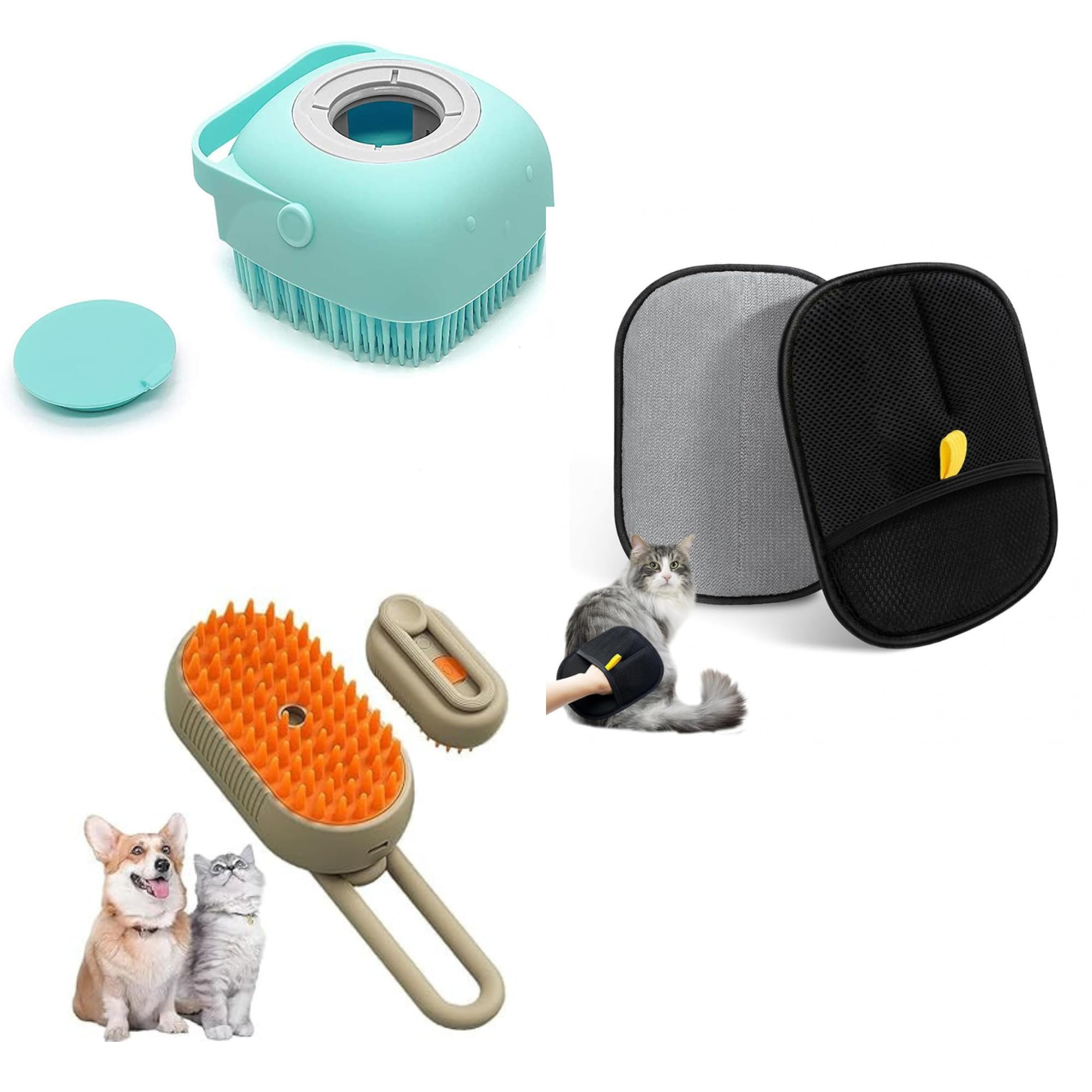 GOPINATH ECOM Pet Grooming Kit for Dogs & Cats 3 in 1 – Dog Bath Brush, Steam Pet Grooming Brush & Pet Hair Remover Gloves | Pet Deshedding Cleaning Combo for Puppies, Kittens | Dog & Cat Grooming Accessories