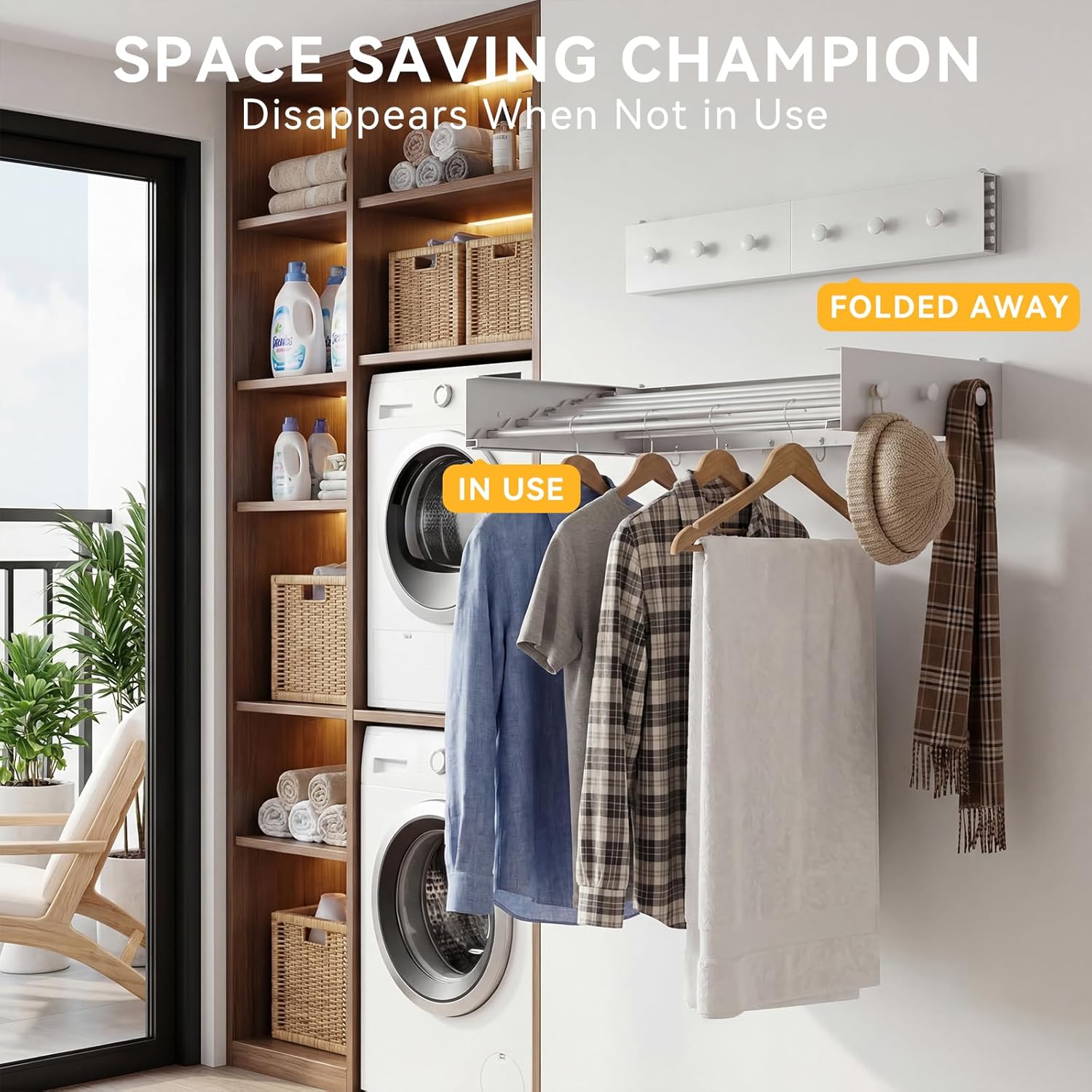 Collapsible Laundry Drying Rack Wall Mounted - 31.5 Inch Metal Clothing Drying Rack with 6+6 Hooks, Retractable Foldable Dryer Racks for Laundry Drying Indoor, Heavy Duty Towel & Coat Hanger