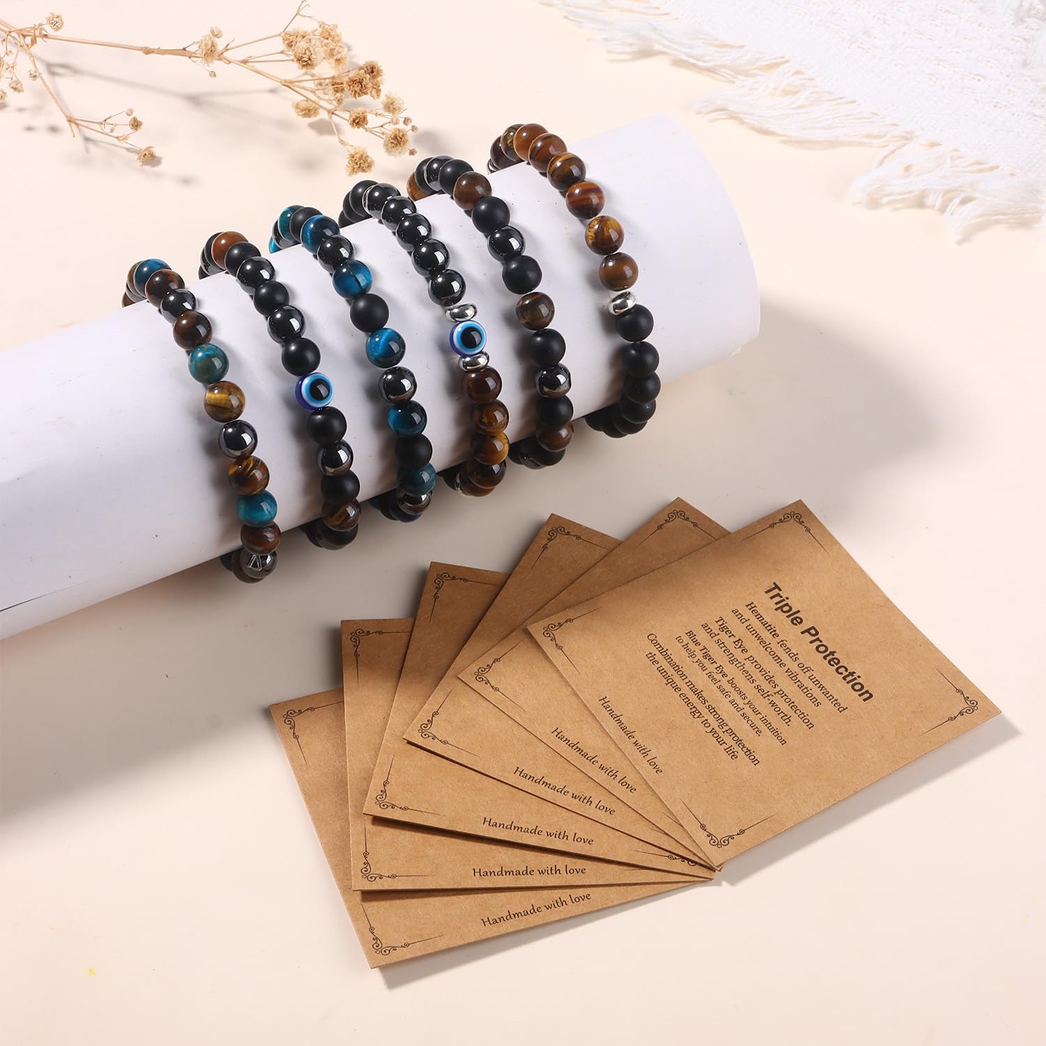 Jewdreamer 6PCS Triple Protection Bracelets for Men Women, Mens Beaded Bracelet - 8MM Tigers Eye Obsidian Hematite Natural Stone Crystal Bracelet Evil Eye Bracelets Christmas Stocking Stuffers Gifts Jewelry - Image 6