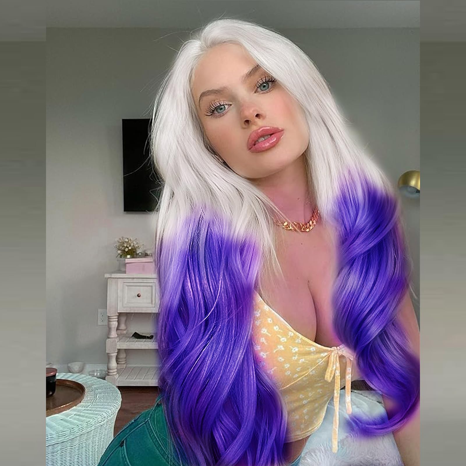 Blonde Purple Ombre Wigs for Women Drag Body Wave Blonde Wigs Real Hair Purple Long Glueless Heat Resistant Wig Lavender Lace Front Synthetic Lace Front Wig Drag Daily 24Inch - Image 3