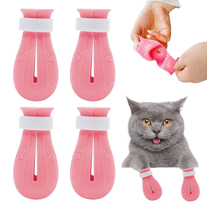 Botas Protetoras para Gatos Hetenoyo em Silicone com Fecho Ajustável, Pink, Pacote com 4