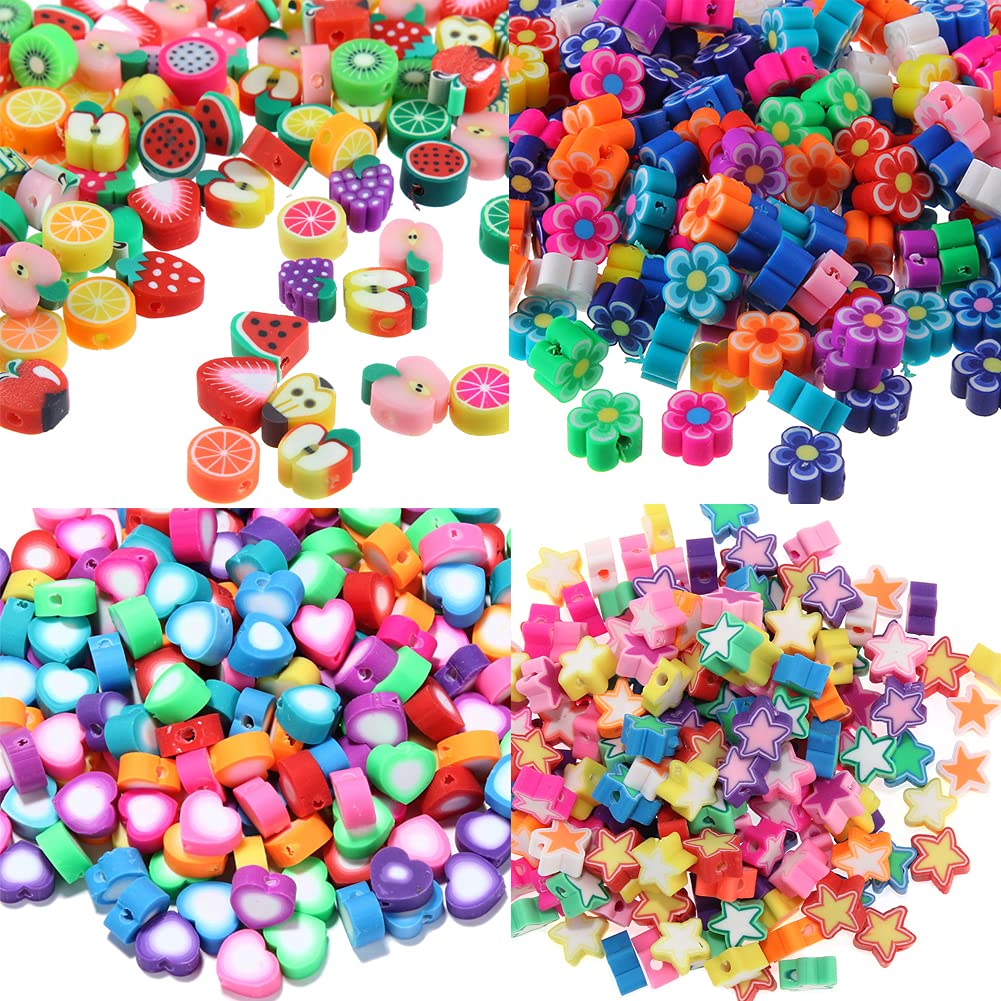 100 pcs Colorful Mixed Clay Beads Accessories with Hole, Fruit Flower Heart Shape Spacers Beaded for DIY Bracelet Necklace Cell Phone Lanyard Crafts Making Accessories