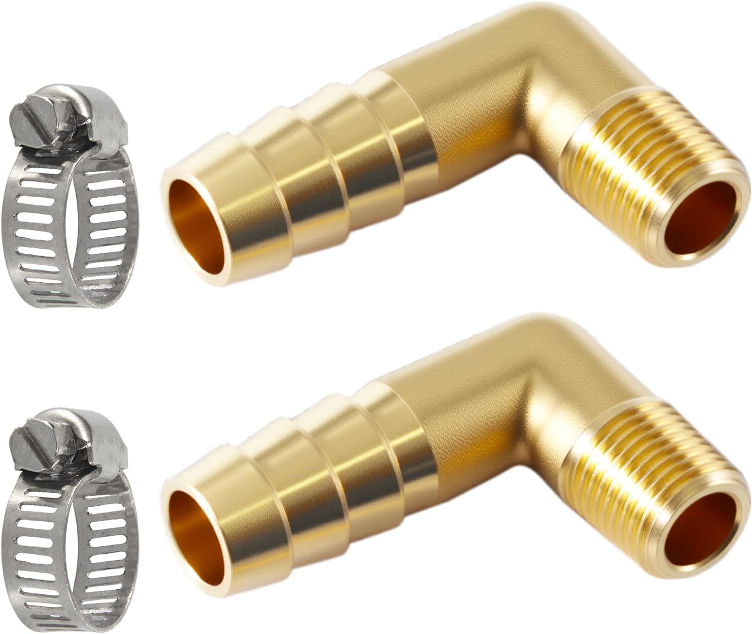 Brass Hose Barb Fittings，3/8 NPT to 5/8" 90 Degree Elbow ID Barb Fitting, Brass Metals Adapter Connector with Stainless Steel Hose Clamp，Ideal for Air, Fuel, Gas, Oil