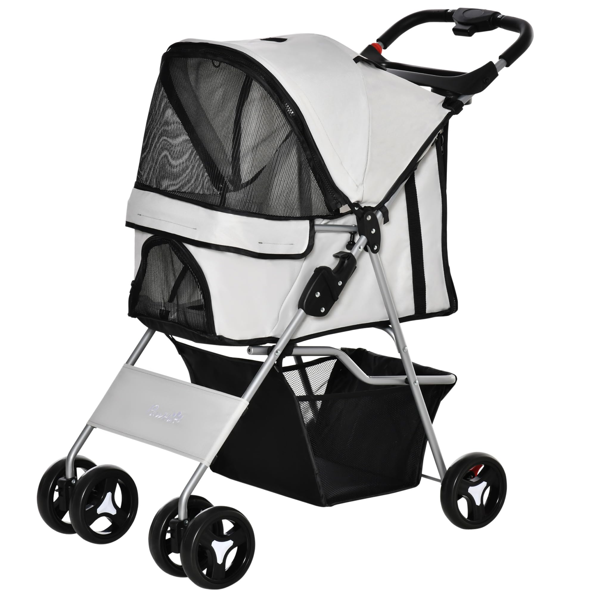 PawHut Passeggino per Cani Piccoli 10 kg Pieghevole con Ruote Freni, Grigio | Carrozzina per Cani, Portabicchieri, Cestino Portaoggetti, 3 Finestre, Ruote Anteriori a 360°, per Animali Domestici
