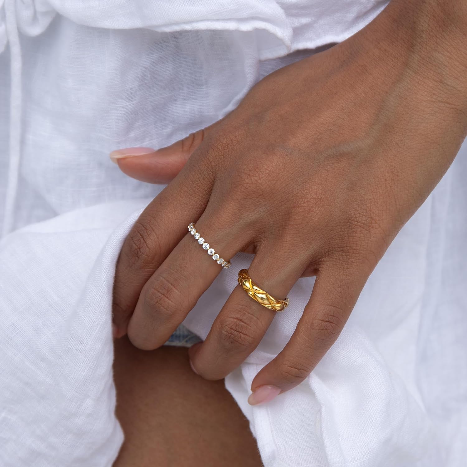 STORYJEWELLERY Gold Plated Wedding Bands for Women, Eternity Band Rings for Women, 18K Gold Plated Cubic Zirconia Travel Ring, Stackable Rings, Gifts for Her - Image 4