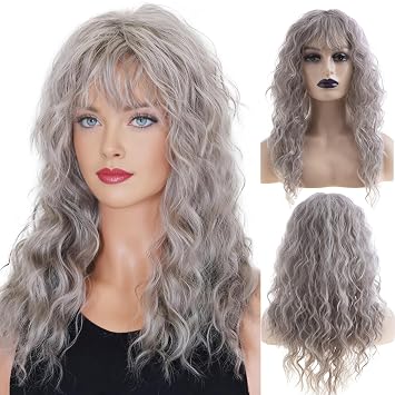 Long Curly Wavy Women Wig with Bangs Synthetic Heat Resistant Halloween Cosplay Party Hair Wig,Grey
