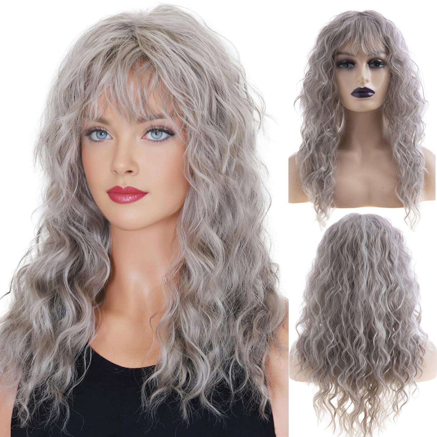 Baruisi Long Curly Wavy Women Wig with Bangs Synthetic Heat Resistant Halloween Cosplay Party Hair Wig,Grey