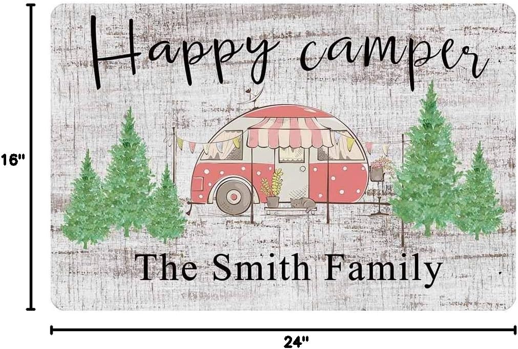 InterestPrint Personalized Happy Camping Dining Car on Old Rustic Wood Camper Doormat, Design Welcome Camper Rv Door Mat Area Rug Decor for Happy Camping 24" X 16"