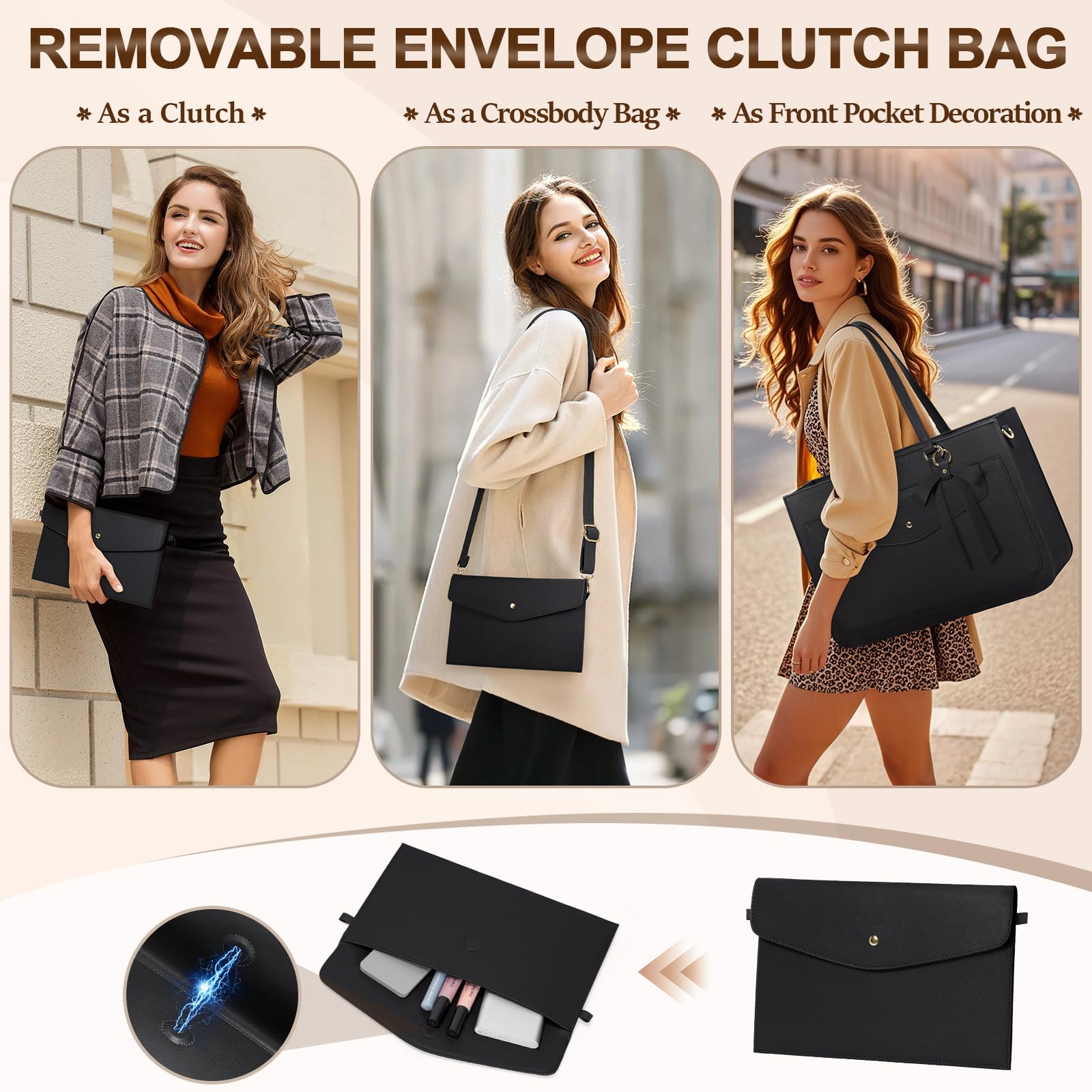 RAINSMORE Borsa da Lavoro Donna con Pochette Grande Borsa Porta PC 15.6 Pollici Borse Università Ufficio Pelle PU Borse Tote Shopper