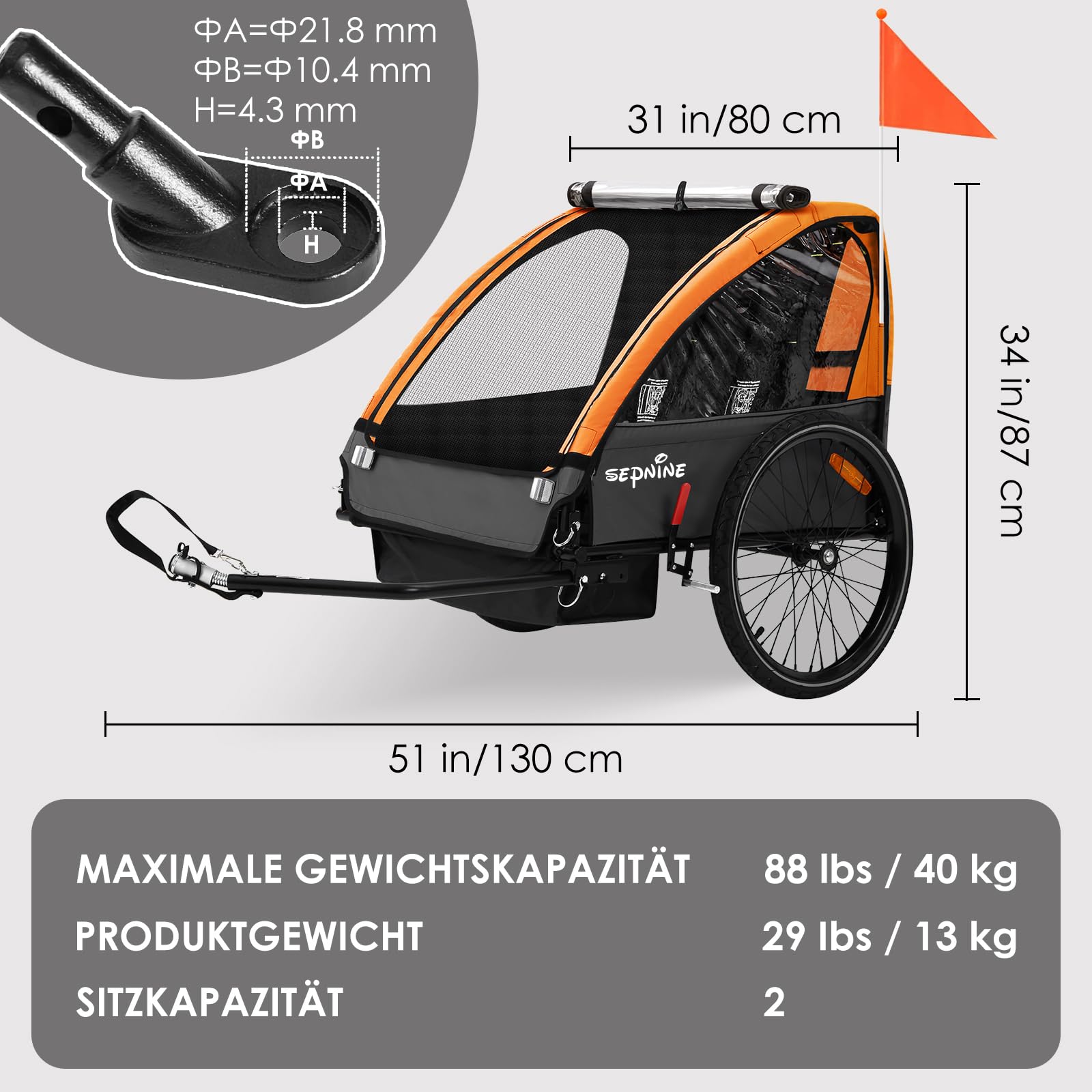 SEPNINE Fahrradanhänger mit 5-Punkt-Sicherheitsgurt, Luftreifen, Handbremse, Faltbar, Max. 40 kg (Orange)