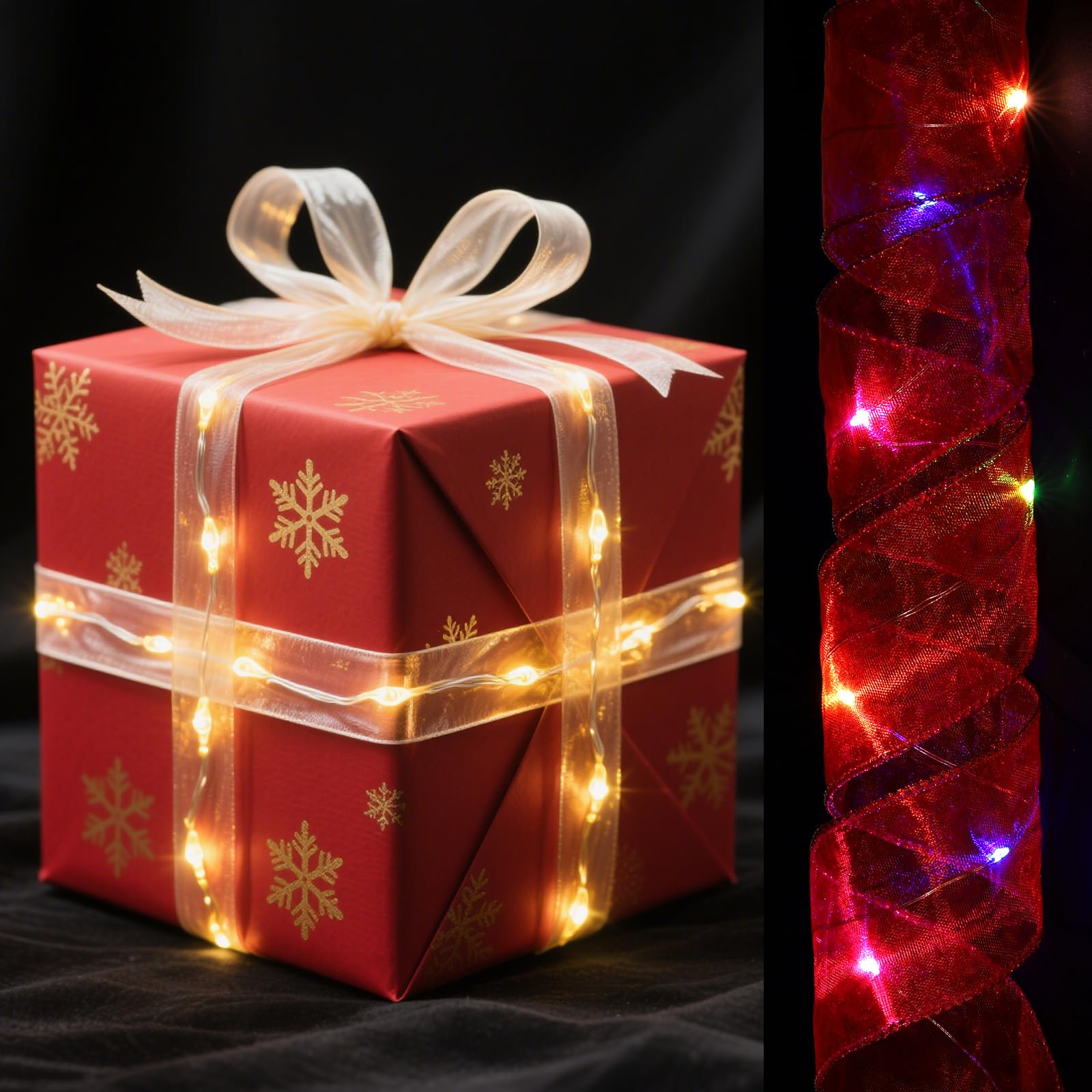 sourcing map LED Lights Copper Wire Ribbon, 3.28Ft Ribbon Bows Light Battery Powered Christmas Tree Decorations String for Party Wedding Christmas Tree (Red, Multicolor Light)