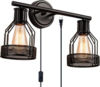 Industrial Bathroom Vanity Light 2 Lights Retro Cage Wall Sconce with Cord Metal Shade Vintage Wall Lights Fixtures for Indoor Home Dressing Table Mirror Cabinet Bulb Not IncludedBlack 2 Lights