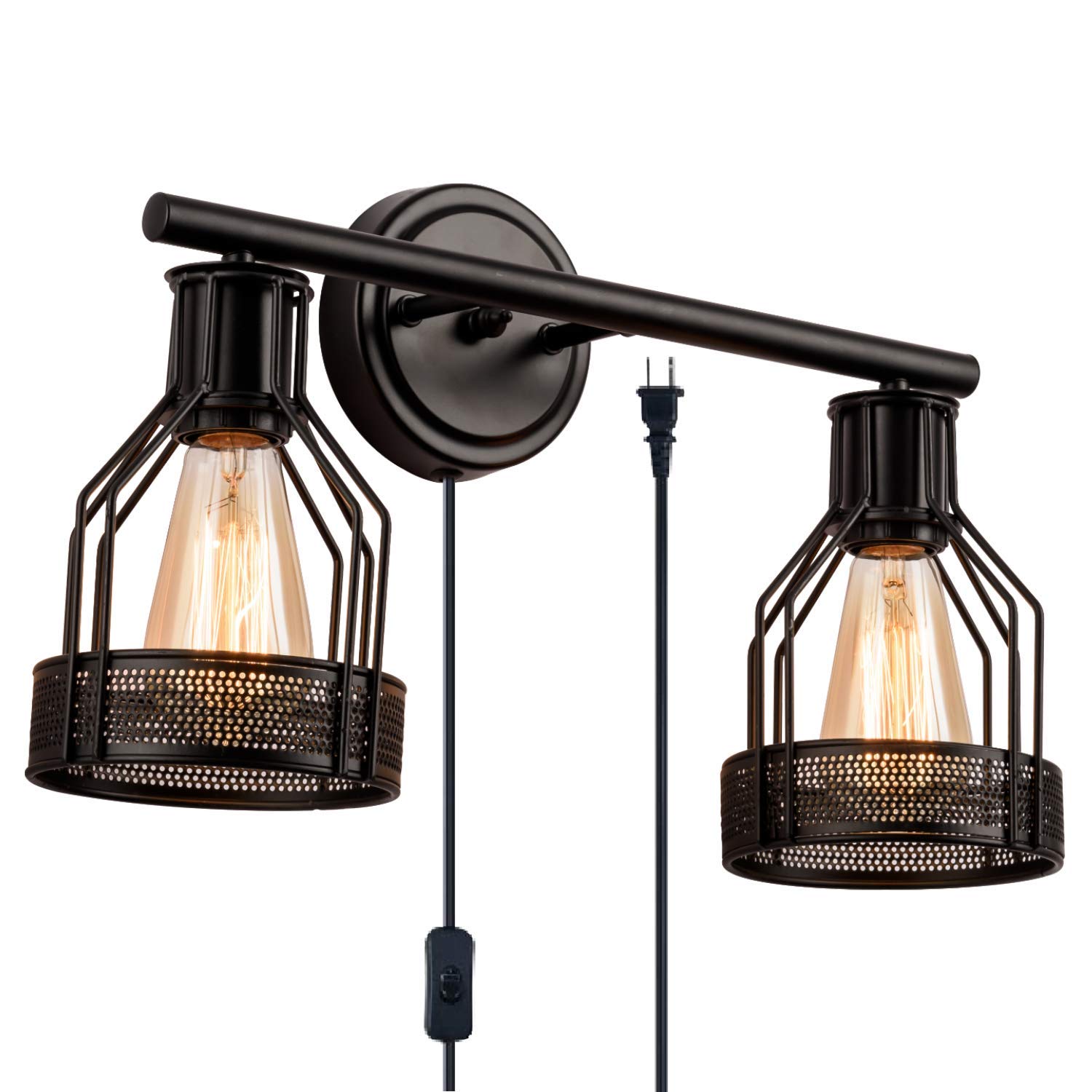 Industrial Bathroom Vanity Light 2 Lights Retro Cage Wall Sconce with Cord Metal Shade Vintage Wall Lights Fixtures for Indoor Home Dressing Table Mirror Cabinet (Bulb Not Included)(Black 2 Lights)