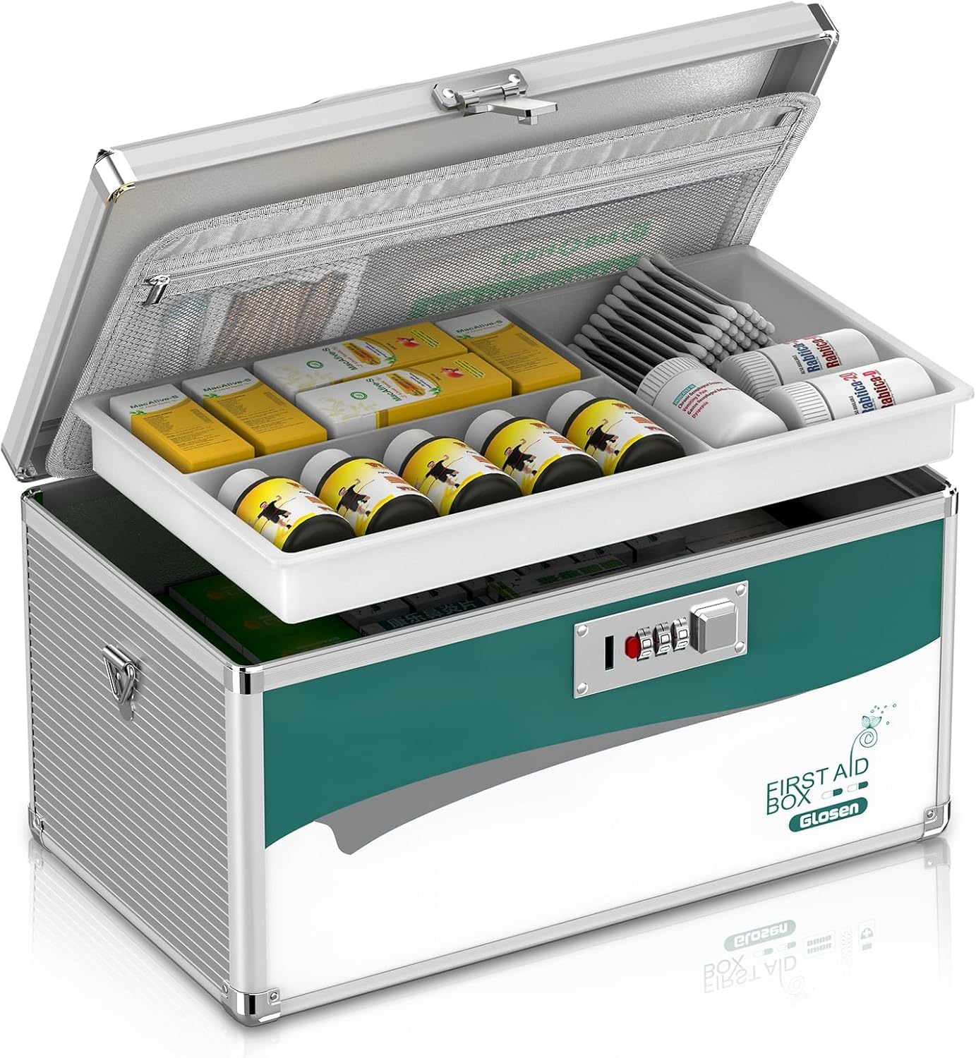 Glosen Medicine Lock Box with Combination Lock,Medication lock box?Large 14x 8.5 x 7.5 Inch?,medical box organizer Silver Large-14in