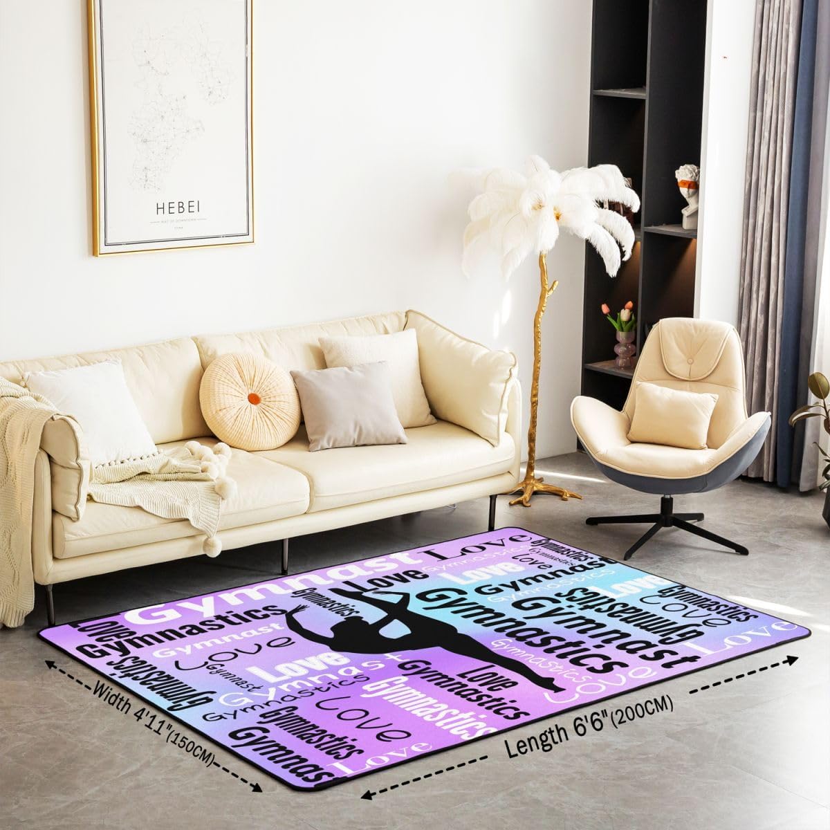 Castle Fairy Gymnastics Area Rug,Gymnastics Lovers Non Slip Rug for Teens Adults,Purple Blue Gradient Indoor Floor Mat for Housewarming Couch 3'x5'