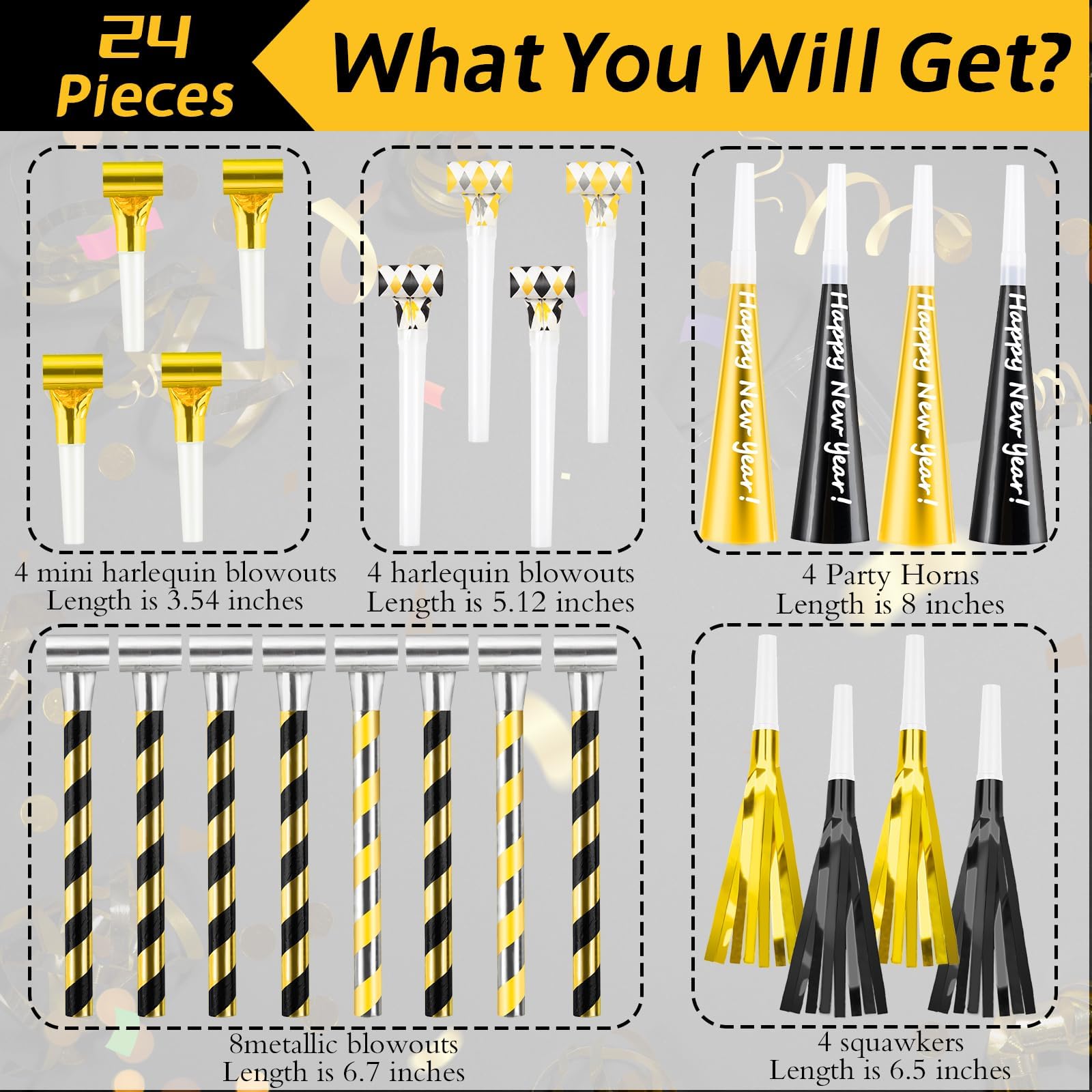 Demonwer 24 Pcs New Year Party Blowers Horns Set Musical Paper Noisemakers Glitter Fringed Metal Blowouts Colorful Whistles for New Years Eve Party Supplies