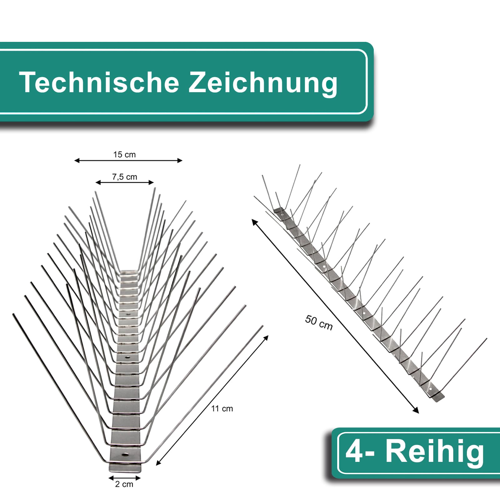 PRIOstahl Taubenabwehr Taubenspikes Vogelabwehr mit Edelstahlgrundplatte 4-reihig 15 Meter (30 x 0,50cm Spikes) Vogelschutz Abwehr für Balkon Dach Fenster UV-Beständig & rostfrei Edelstahl V2A