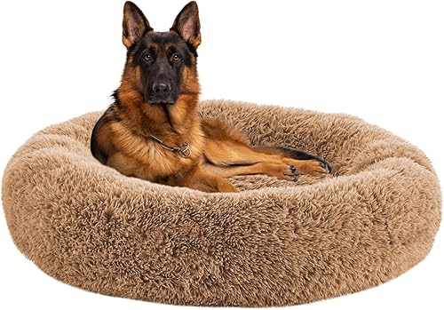 Miniatura 7 de Camas calmantes para perros grandes, cama para perros acolchonada de dona de piel sintética, almohada redonda y esponjosa, cama lavable para