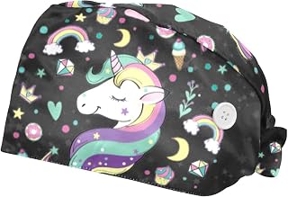 2PCS Working Hats for Men Unicorn Ice Cream Pattern Adjustable Women Work Caps Bouffant Hats with Sweatband, Multi, One Size