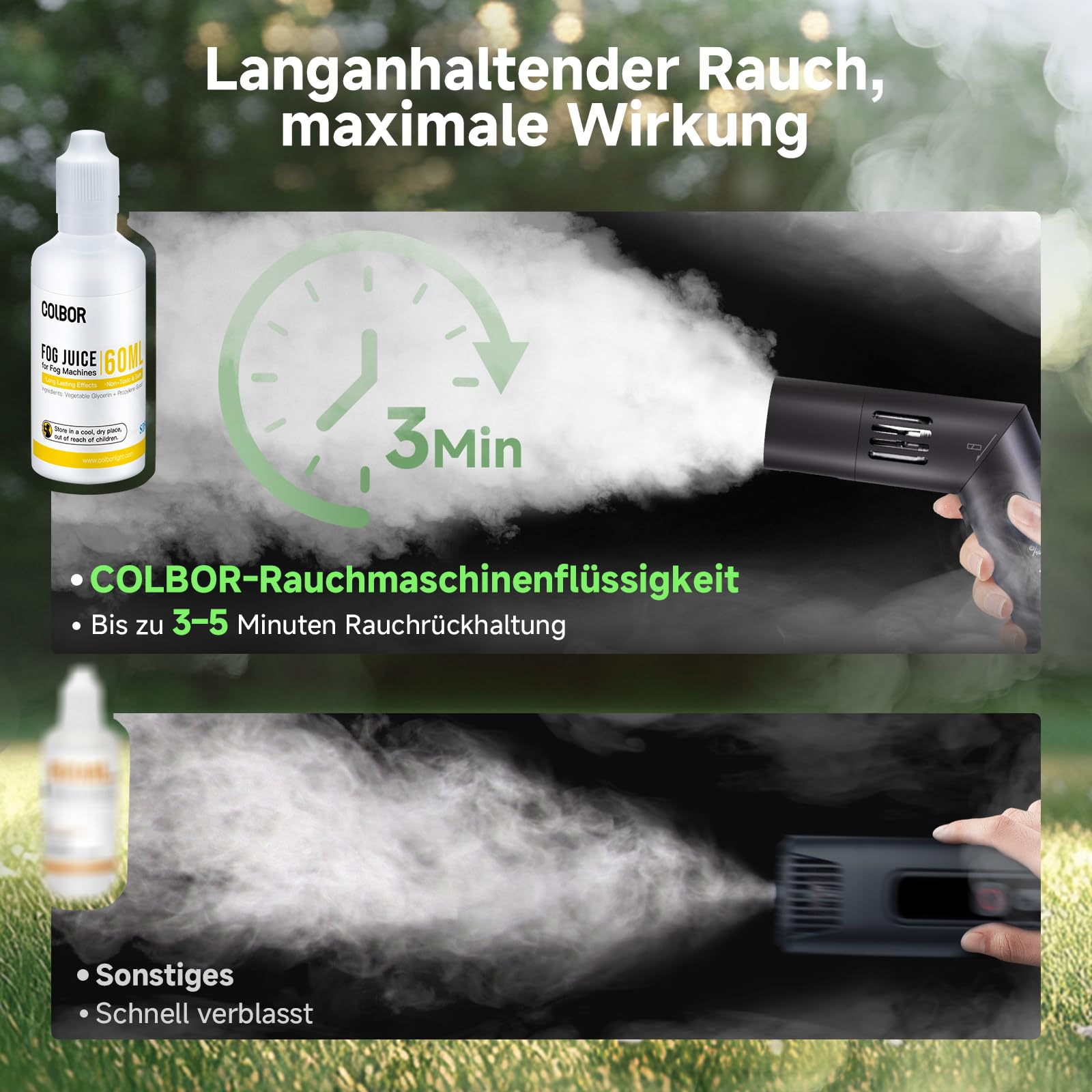 COLBOR Nebelfluid mit hoher Dichte 60ml*2, Nebelflüssigkeitsset für Nebelmaschine CF5/CF3 Geruchloses SDS-zertifiziert, Pflanzliches Glycerin, für Partys, Bars, Ausstellungen, Bühnen, Halloween