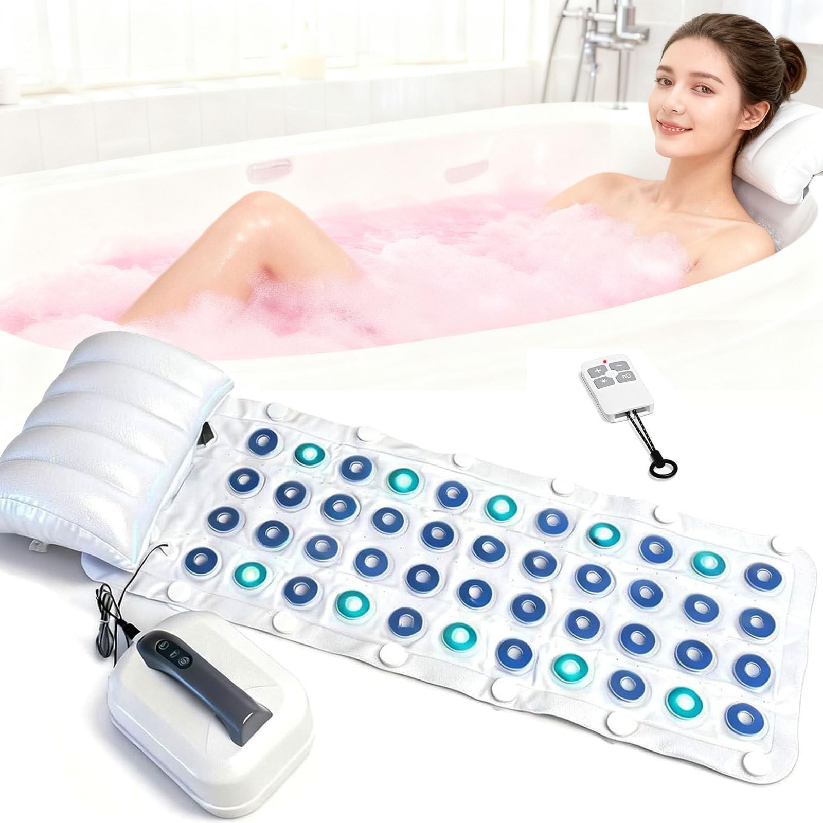 Vasca Idromassaggio, Tappeto Idromassaggio per Vasca con Telecomando, 6 velocità Regolabili, Tappetino per Vasca da Bagno con Ventosa Antiscivolo, Cuscino