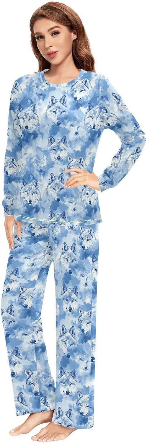 Matching Pajamas for Couples Aesthetic Wolf Blue Sky Long Sleeve PJs for Men & Women Soft Warm Long Sleeve image 5