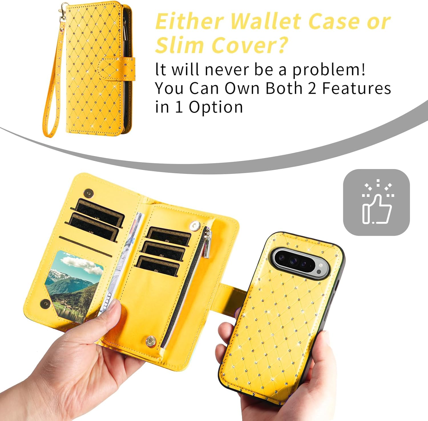 Compatible with Google Pixel 9 Pro XL Wallet Case Zipper Cell Tempered Glass Screen Protector Crossbody Strap Glitter Flip Card Holder Phone Cover for Pixel9 9Pro 9ProXL Nine Women Yellow