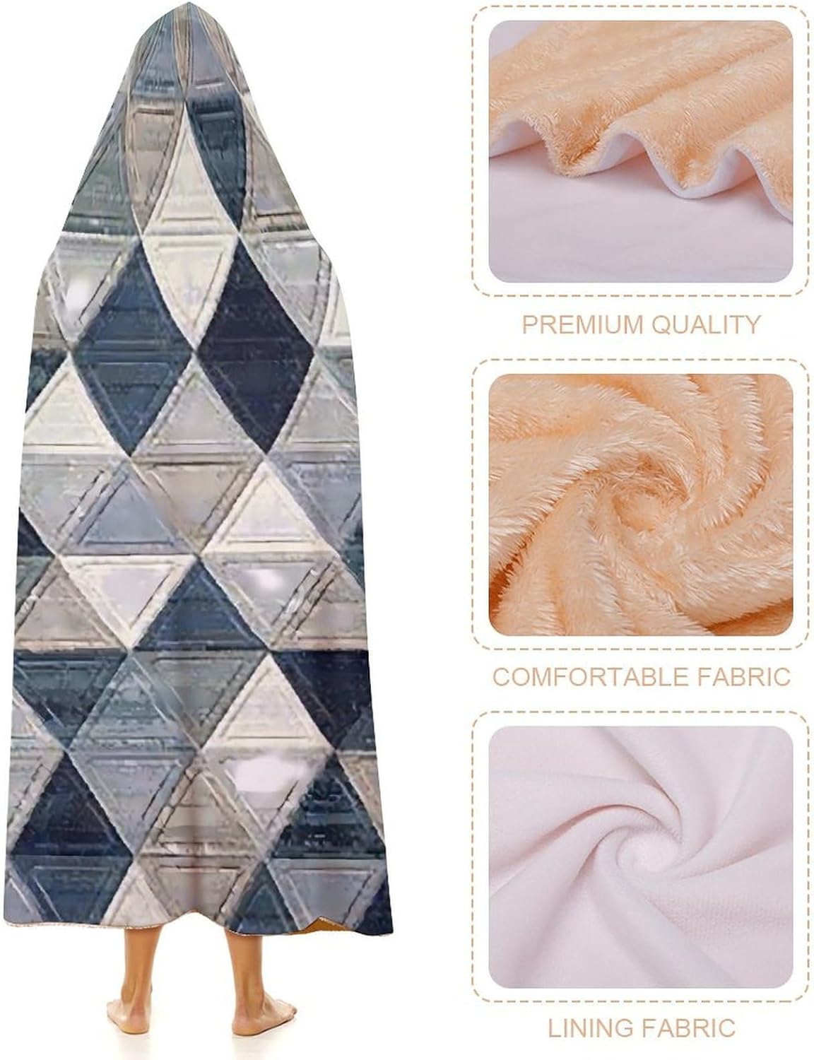 Blue Gray Triangle Pattern Fashion Wearable Blanket Hoodie Fleece Throw Cloak Robe Unisex