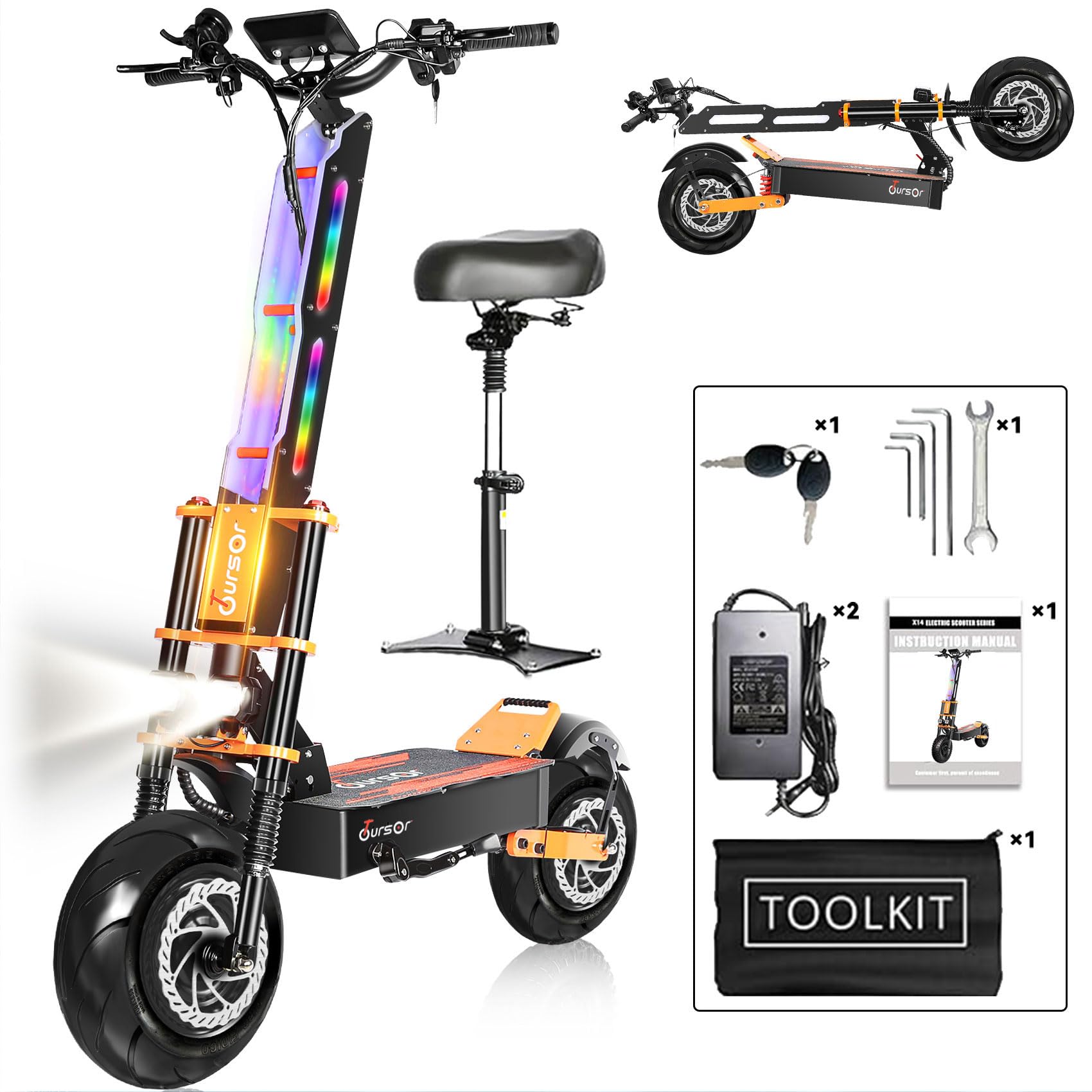 Adult Electric Scooter with Seat, 60V 8000W Dual Power, Orange Finger Hook Vertical Handlebar with LCD E Scooter, 340lb Capacity, 13" On/14 Off-Road Tires for Commuting and Extreme Terrain.