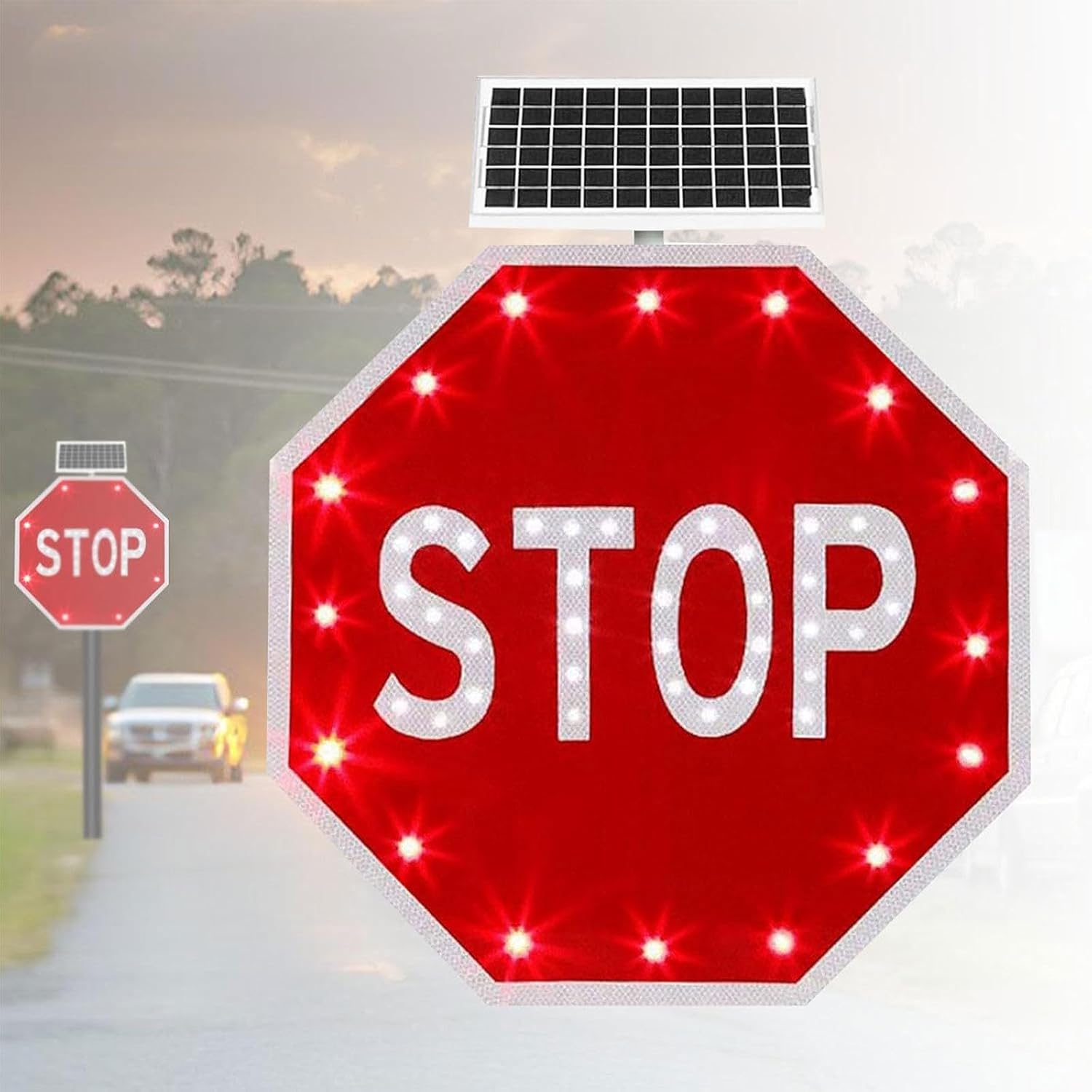 Solar-Powered 24" LED Flashing Stop Sign - Traffic Warning Sign for Pedestrian Crossings, Ideal for Parking Lots, Schools & Construction Sites, No Wiring Required