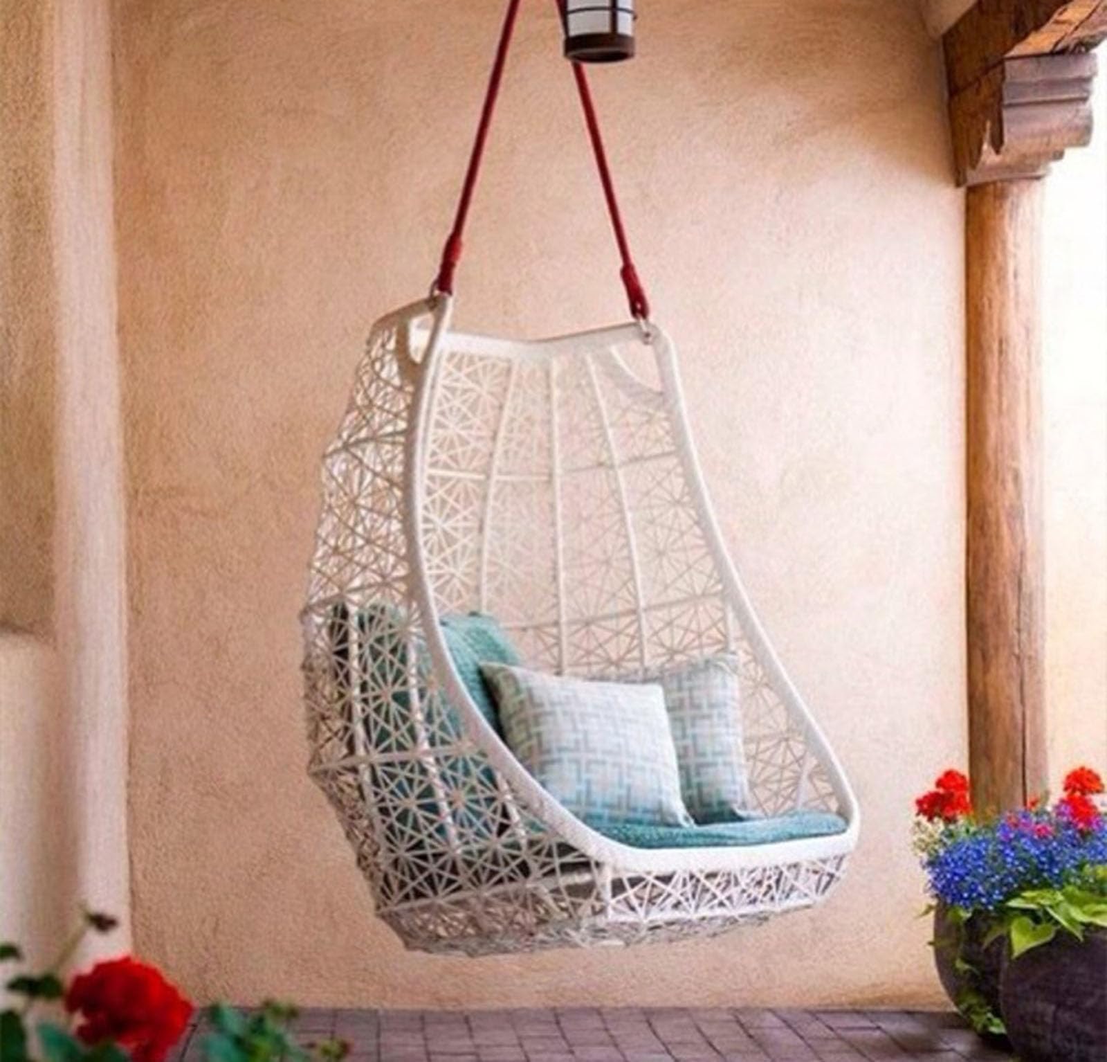 Cesta Colgando Silla Colgante al Aire Libre, Mecedora nórdica de Columpio, Columpio de ratán de Mimbre con cojín Resistente al Desgaste, Vista de jardín